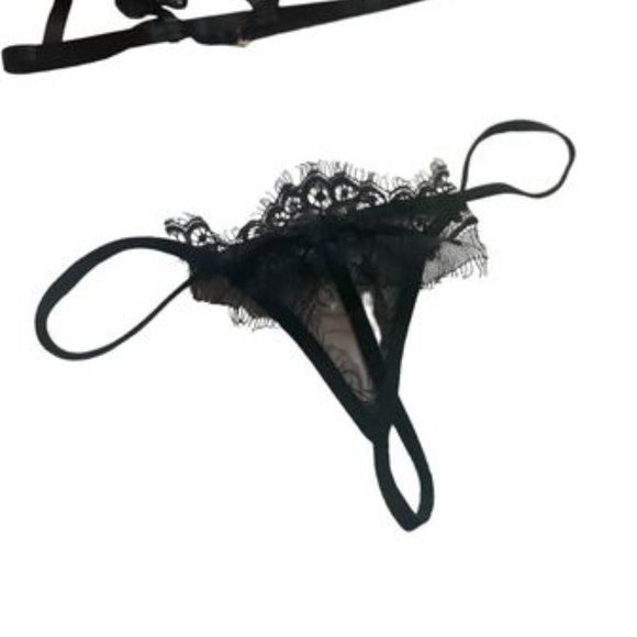 BLACK LACY LINGERIE SET WITH FLOWERS SHEER MESH SIZE SMALL - Picture 5 of 6